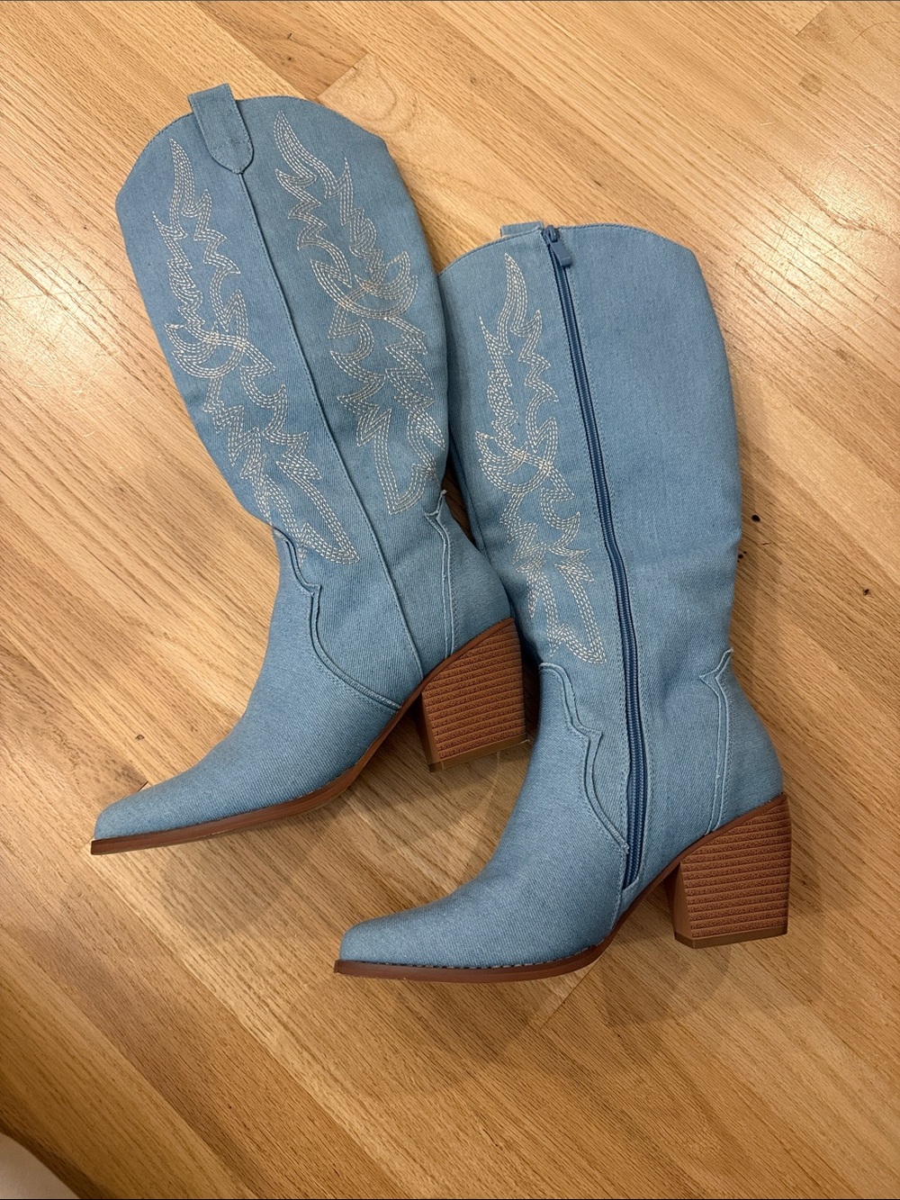 Light Blue Western Mid-Calf Boots with Embroidered Detail